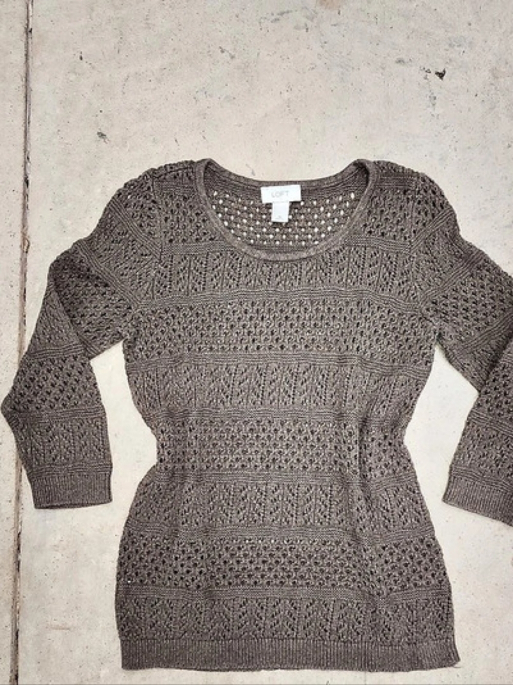 LOFT Open Knit Crewneck Sweater Brown Size Medium